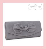 Suede Effect Bow Clutch Bag with Detachable Shoulder Chain - Grey