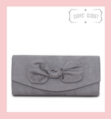 Suede Effect Bow Clutch Bag with Detachable Shoulder Chain - Grey