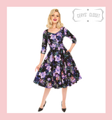 Purple Floral 50s Inspired Swing Dress With 3/4 Sleeves and Sweetheart Neckline
