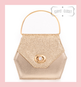 Hexagonal Glitter Handbag with Jewelled Clasp and Metal Ring Handle and Detachable Shoulder Strap - Gold