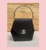 Hexagonal Glitter Handbag with Jewelled Clasp and Metal Ring Handle and Detachable Shoulder Strap - Black