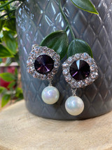 Diamante Encrusted Clip on Earrings With Drop Pearl - Purple