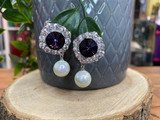 Diamante Encrusted Clip on Earrings With Drop Pearl - Purple
