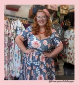 1950s vintage inspired full circle dress by Cerys' Closet. Made in the UK. Dress can be worn with or without the petticoat. Has a 4 panel full circle skirt with seam pockets, a sweetheart neckline and sleeves.

Stunning cornflower blue background with peach/ pink  and white floral print, ideal as an alternative wedding dress, wedding guest dress and bridesmaid  dress.  worn by @miss.spoonfulofsugar