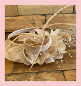 Nude Round Hair Hole Feather and Flower Mesh Hat Fascinator with Crocodile Hair Clip