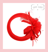 Red Round Hair Hole Feather and Flower Mesh Hat Fascinator with Crocodile Hair Clip