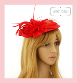 Red Round Hair Hole Feather and Flower Mesh Hat Fascinator with Crocodile Hair Clip