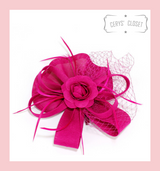 Hot Pink Feather and Flower Mesh Hat Fascinator with Crocodile Hair Clip and Hair Band Attachment
