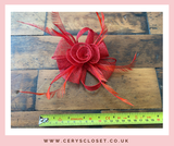 Red Feather and Mesh Flower Fascinator On Crocodile Clip and Brooch Attachment