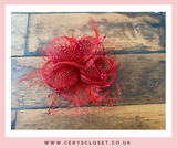 Red Feather and Mesh Flower Fascinator With Beads and Net On Crocodile Clip and Brooch Attachment