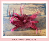 Burgundy Feather and Mesh Flower Fascinator Hat On Crocodile Clip and Brooch Attachment 