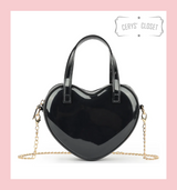 Faux Patent Glitter Heart Shaped Handbag with Chain Shoulder Strap - Black