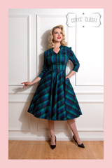Hearts and Roses Vintage 1950s Inspired Green and Blue Tartan Check Faux Shirt Swing Dress with 3/4 Sleeves standard and plus size clothing at Cerys' Closet