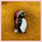 Silver Rhodium Plated, Enamel and Crystal Christmas Penguin Brooch