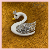 Gold Plated, Enamel, Crystal Encrusted Swan Brooch - White