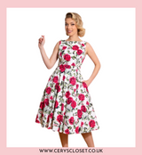 Sleeveless 1950s Vintage Inspired Red Roses on a Cream Background Swing Dress with Classic Boat Neckline by Hearts and Roses London at Cerys' Closet  - Hazel