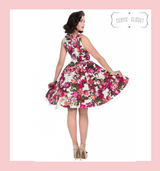 Pretty Pink and Purple Rose Floral 50s Vintage Inspired Swing Dress - Rosie