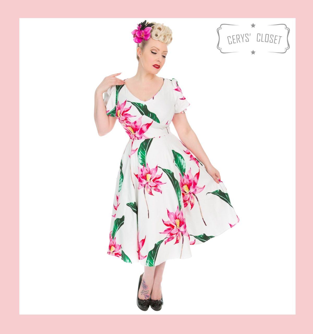 White 50s Vintage Inspired Dress with Large Pink Floral Blooms and