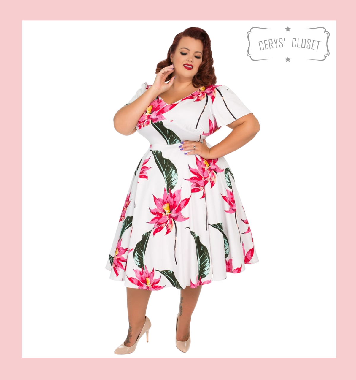 White 50s Vintage Inspired Dress with Large Pink Floral Blooms and