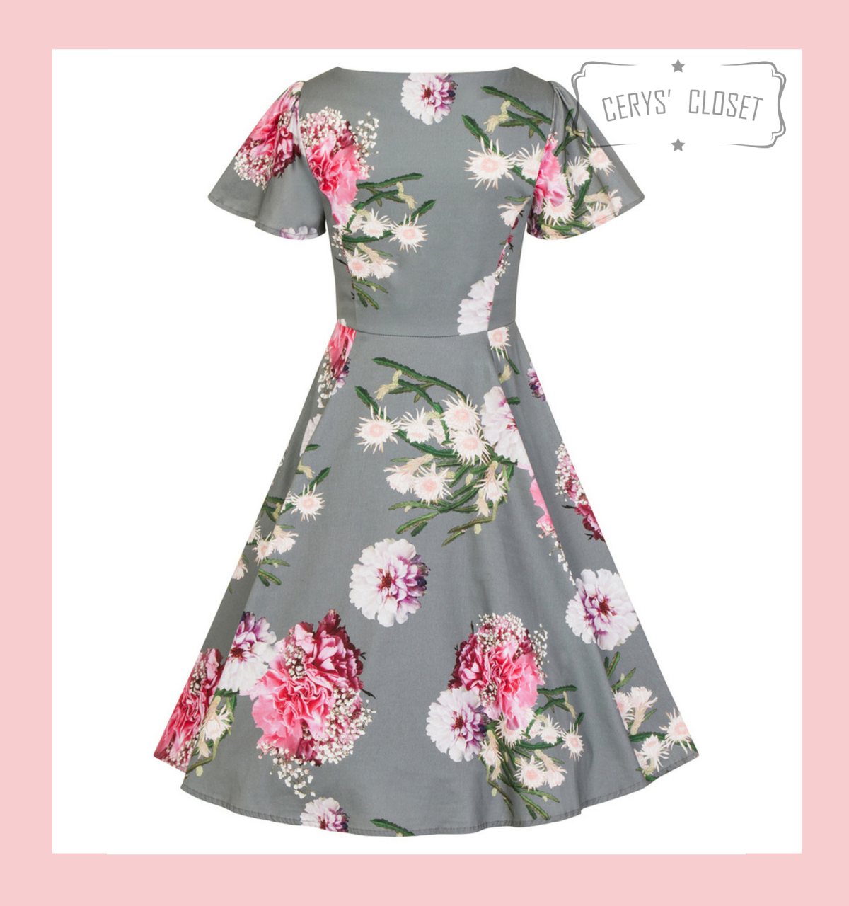 Green and Pink Floral Fluted Sleeve 50s Vintage Inspired Swing