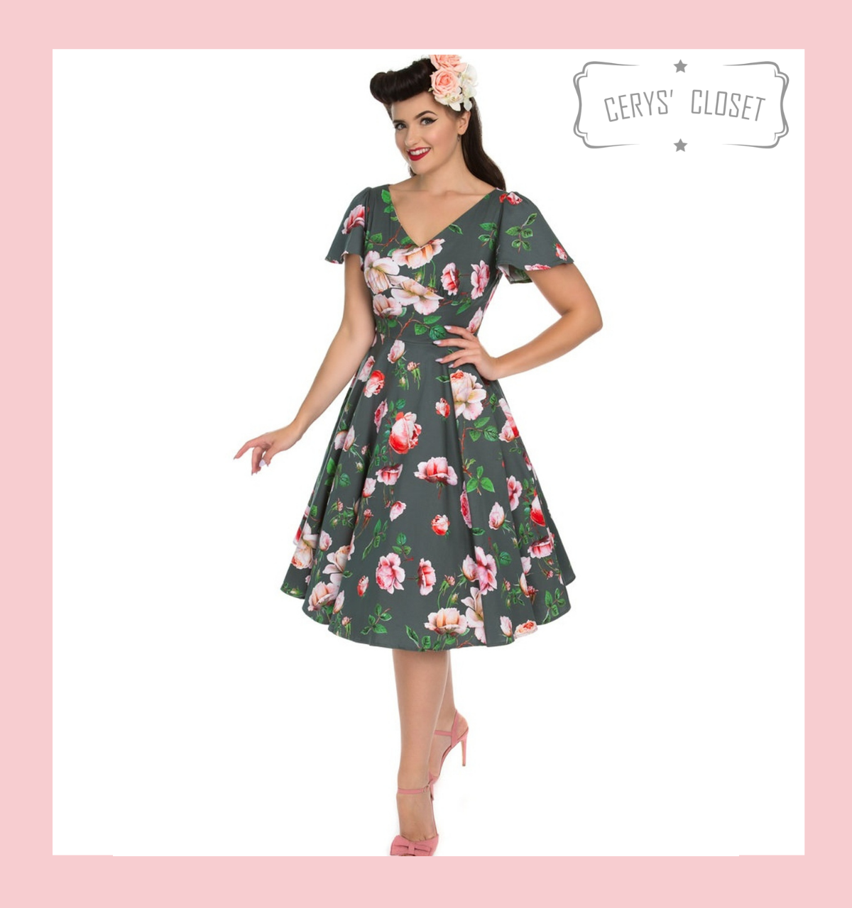 Grey and Pink Floral 50s Vintage Inspired Dress With Flutter