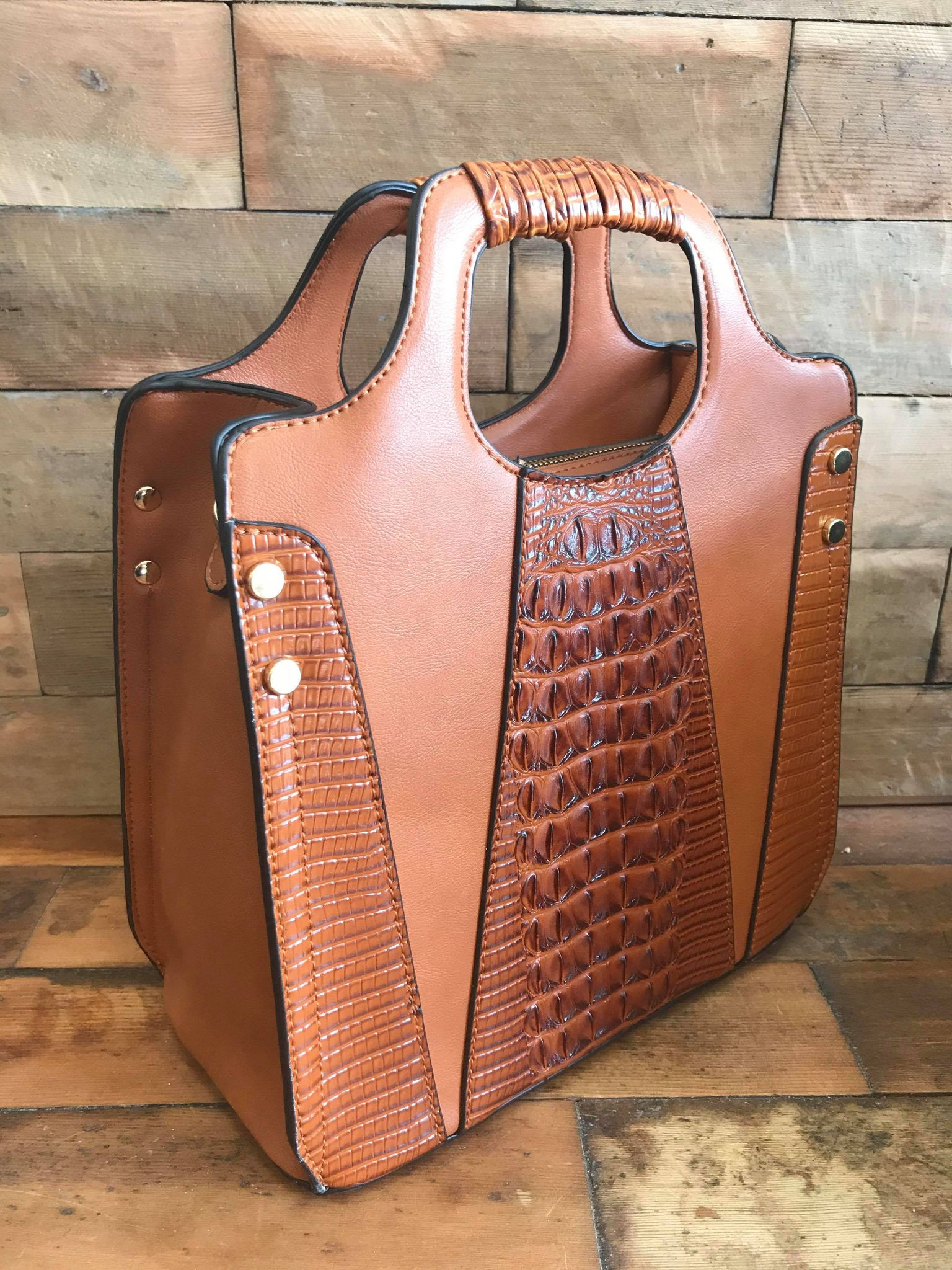 Faux Crocodile Rock N Roll V Handbag Brown Cerys' Closet