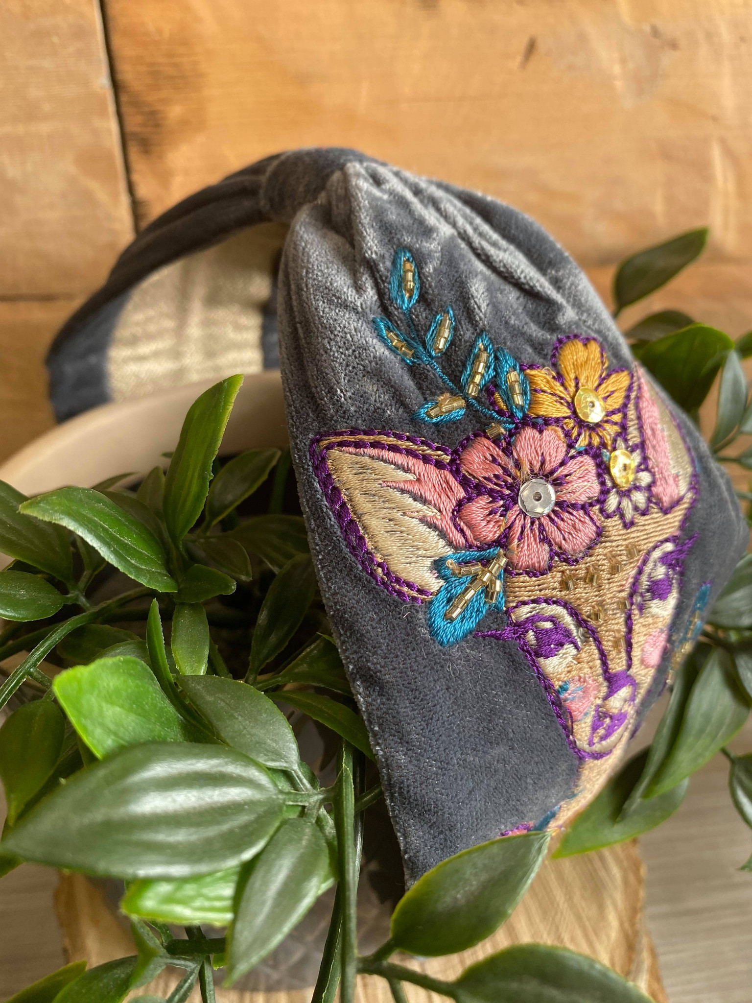 Hand Finished Velvet Embroidered Blue Grey Autumn Doe Hairband by
