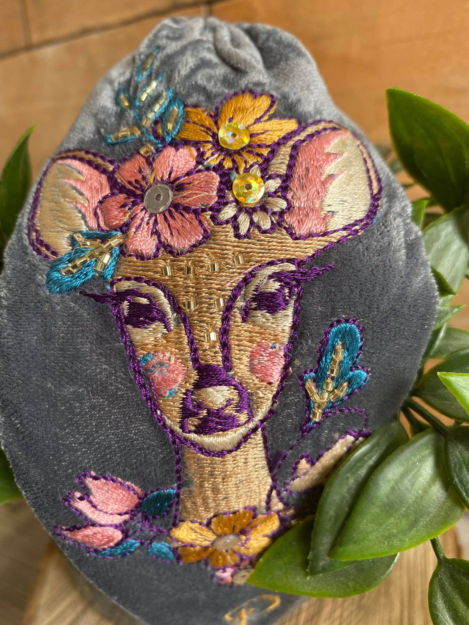 Hand Finished Velvet Embroidered Blue Grey Autumn Doe Hairband by