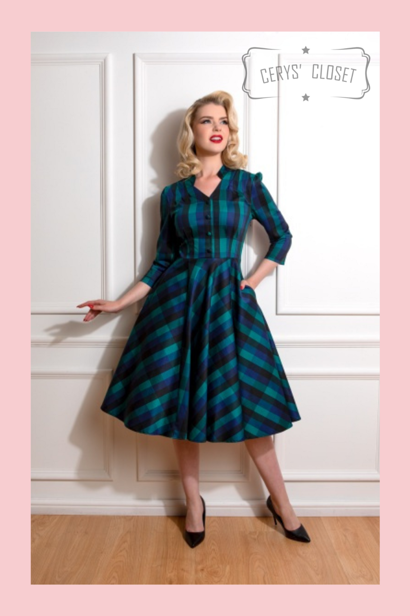 Vintage 1950s Inspired Green and Blue Tartan Check Faux Shirt Swing Dress  with 3/4 Sleeves - Cerys' Closet