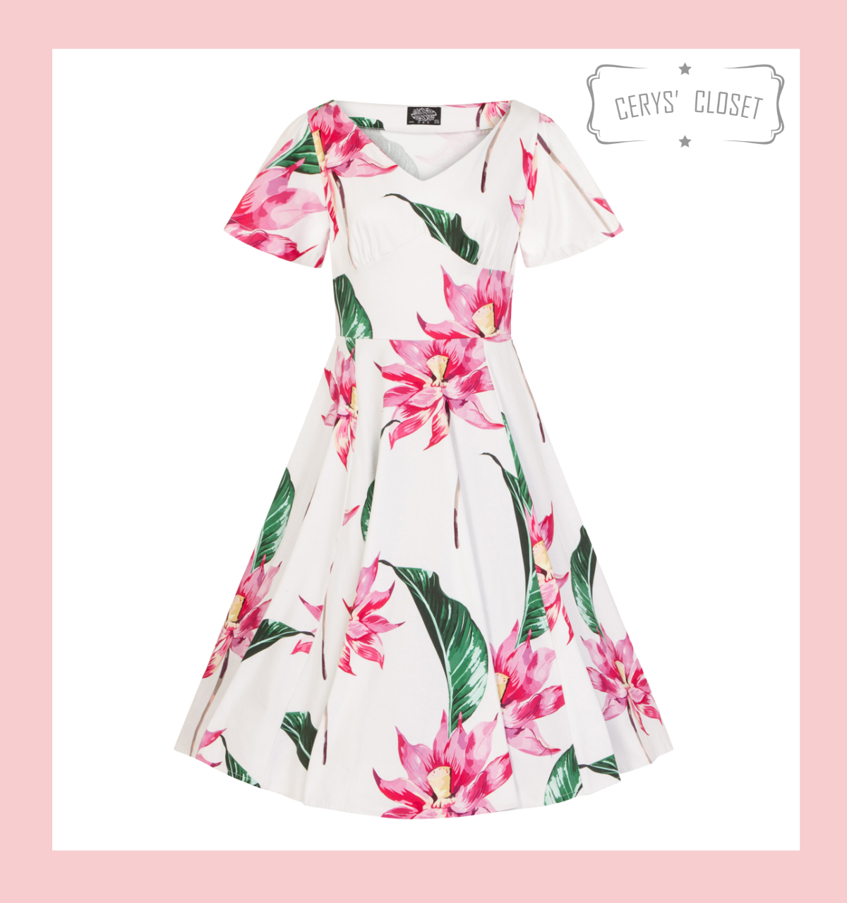 Vintage 50s フローラル　フレアドレス White 50s Vintage Inspired Dress with Large Pink Floral Blooms and