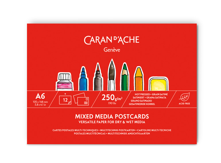 Caran d’Ache A6 postcards 12 pack 250gsm hot pressed mixed media paper (454.112) FSC certified acid free with address back for posting.