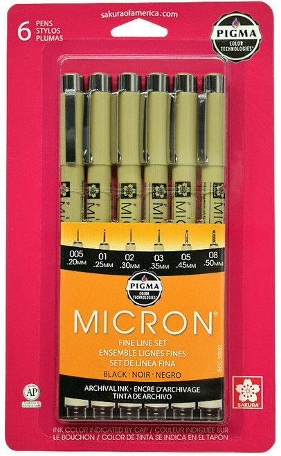 Pigma Micron fineliner set, 6 sizes, black