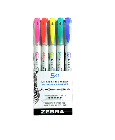 Zebra Midliner Brush Pen & Marker Mild Colors 5-pk Water resistant Double  Ended