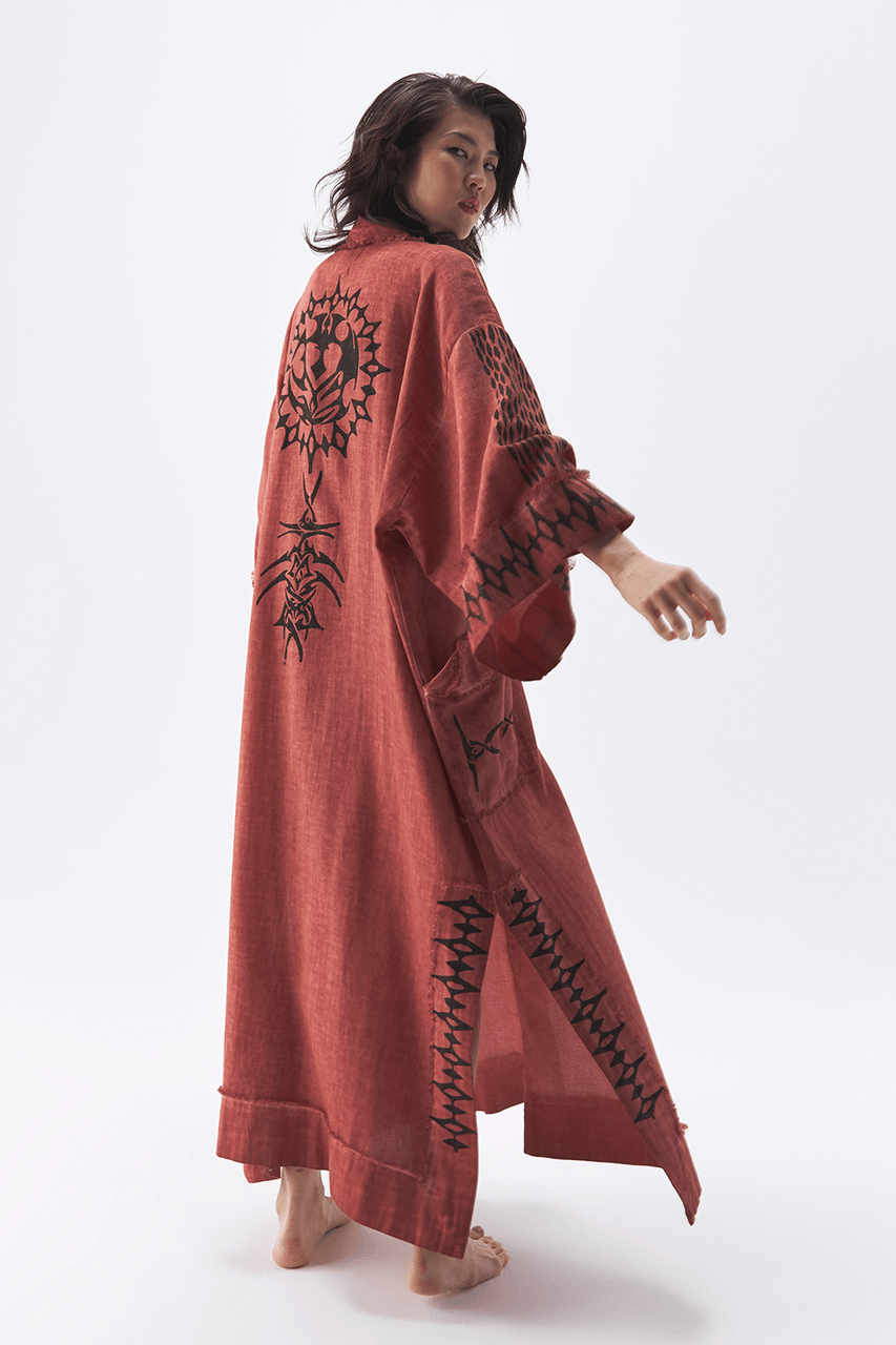 Simpuna Linen Terracotta Block Printed Unisex Kimono