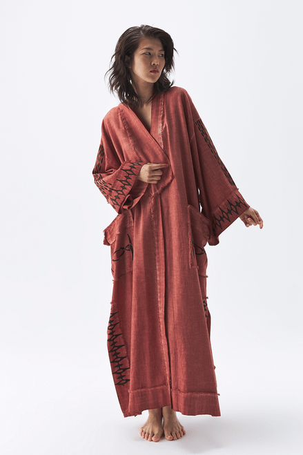 Terracotta unisex kimono, long jacket, kimono jacket, linen kimono, bath robe, cover-up, beach cover-up, lounge wear, lounge clothing, comfort clothing, home wear, sleep wear