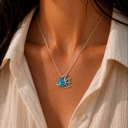Rhodium Plated Sterling Silver 925 Blue CZ Fish Pendant Necklace – Adjustable 16–18"