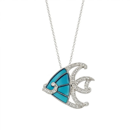 Rhodium Plated Sterling Silver 925 Blue CZ Fish Pendant Necklace – Adjustable 16–18"