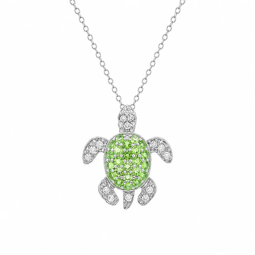 925 Sterling Silver Clear & Green CZ Turtle Pendant Necklace NEW Aquatic Gift !