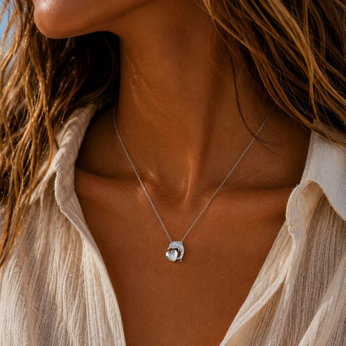 925 Sterling Silver CZ Dolphin Necklace With Heart NEW Gift for Ocean Lovers