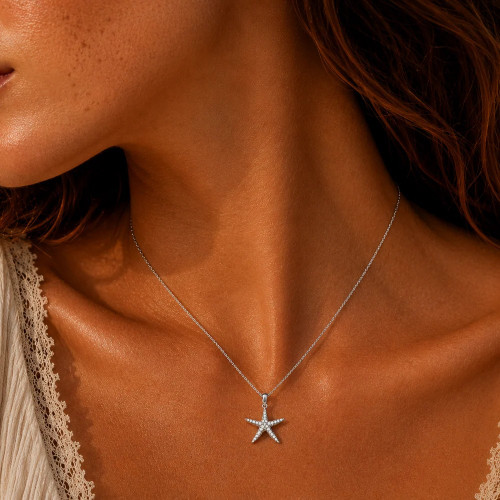 925 Sterling Silver Dainty CZ Starfish Pendant Necklace NEW Perfect Marine Gift