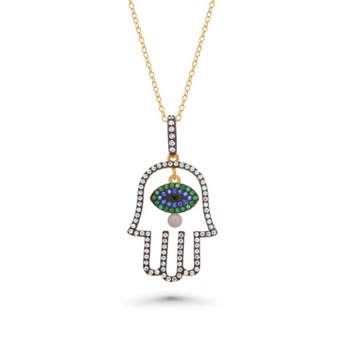 Gold Plated 925 Sterling Silver Multi Color CZ & Pearl Hamsa Pendant Necklace