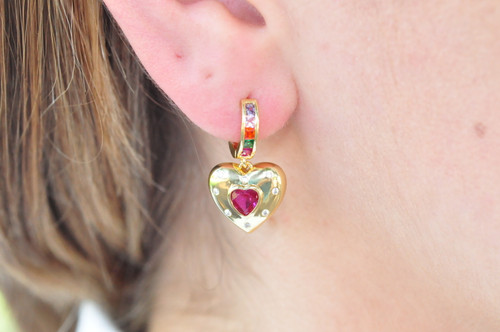 Gold Tone Stainless Steel Heart Earrings CZ Rainbow Hoop Dangles 15x13mm NEW