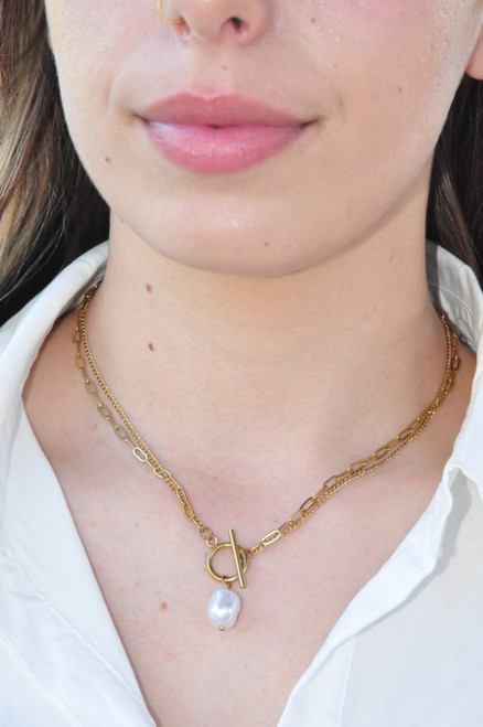 Gold Tone Double Strand Faux Pearl Choker Necklace 18" T-Bar Toggle Clasp NEW!