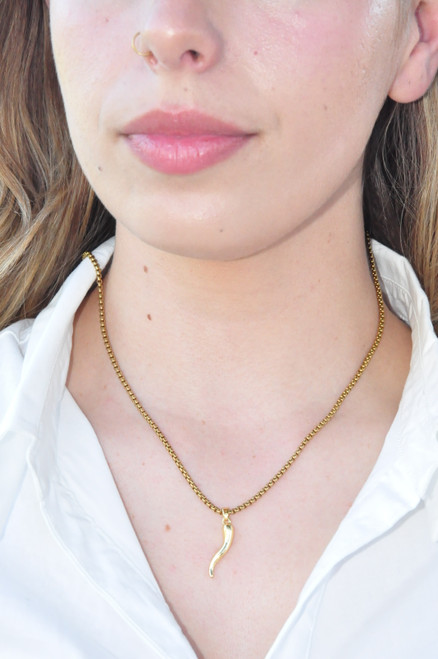 Italian Horn Pendant Necklace Gold Tone Stainless Steel 24" Box Chain 25mm NEW