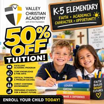 Valley Christian Academy's Elementary Program offers superior education led by dedicated and experienced teachers who are passionate about student success. Our curriculum encompasses core knowledge, fine arts, and critical thinking, ensuring students are well-prepared for their upper years and beyond. In a Christ-centered environment, we encourage independent, positive thinking, while fostering both academic excellence and personal growth.