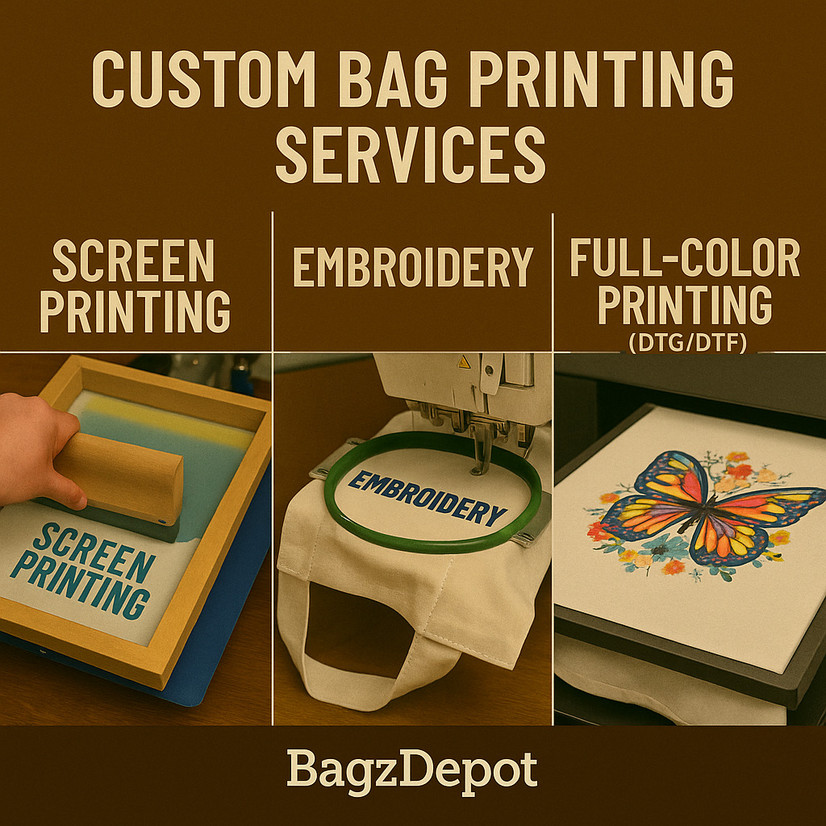 Custom Bag Printing Services at BagzDepot: Screen Printing, Embroidery & Full-Color Printing (DTG/DTF)