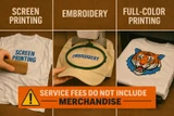 Custom printing services including screen printing, embroidery, and full-color printing for apparel, hats, bags, and promotional merchandise