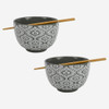 Boston Warehouse Noodle Bowl with Chopsticks, Grey Damask, Set of 2