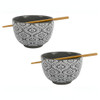 Boston Warehouse Noodle Bowl with Chopsticks, Grey Damask, Set of 2