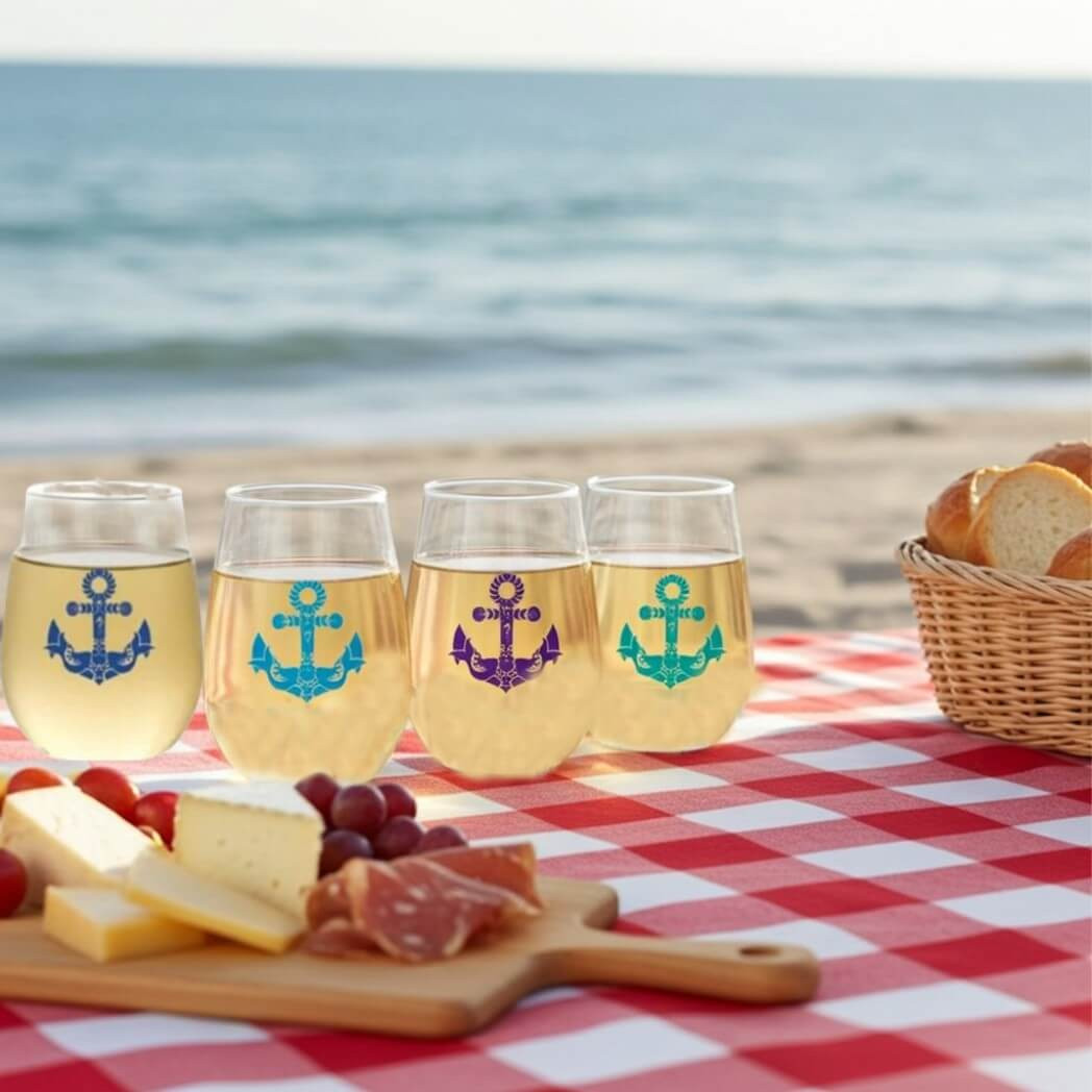 4 assorted stemless wine glasses with color rim 12 oz Rose Plastic Stemless Wine Goblets main image 1